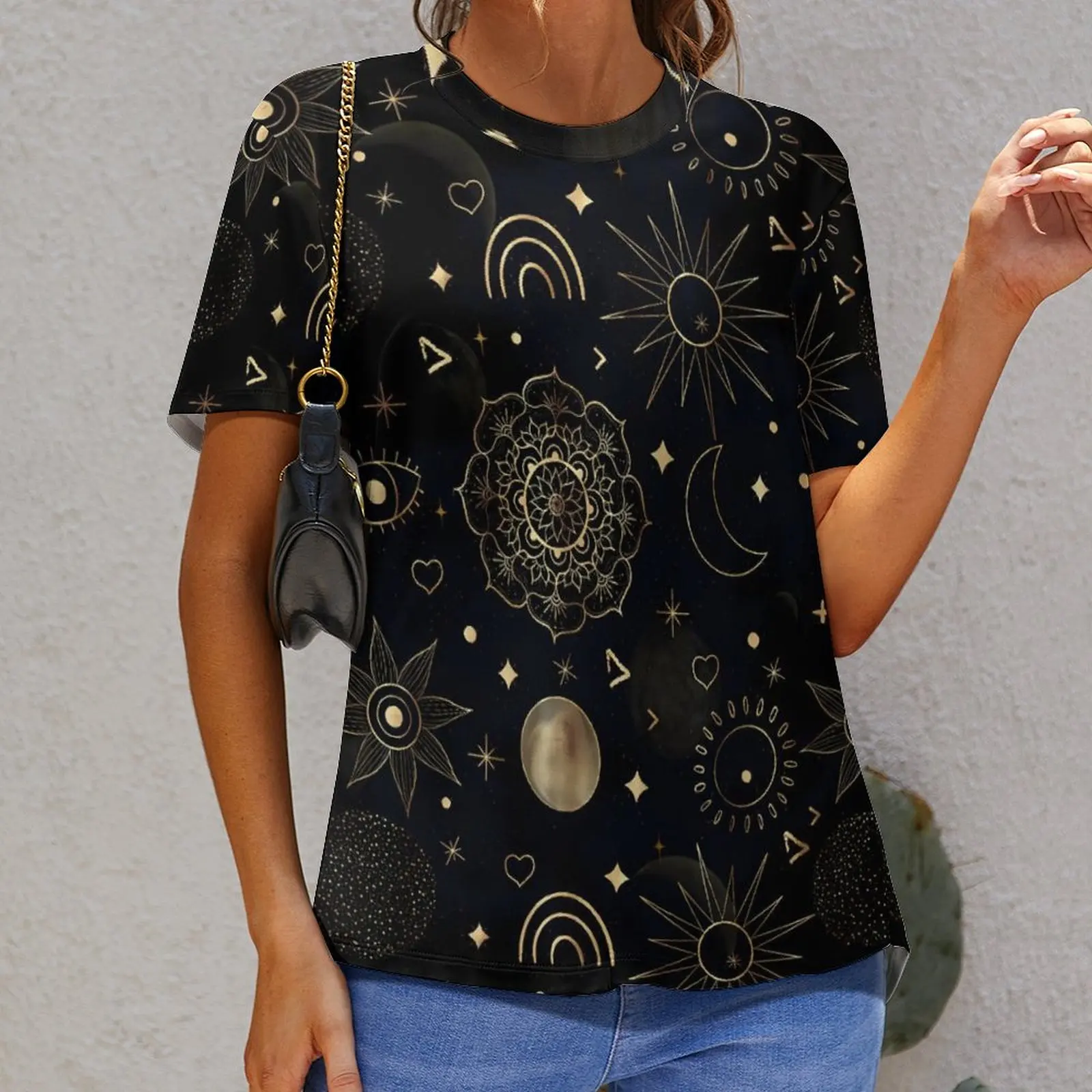السيدات تي شيرت الشمس القمر س الرقبة تي شيرت قصيرة الأكمام بوهو الذهب الفضاء الحديثة مخصص التي شيرت الشارع قمة الموضة تيز حجم كبير 5XL