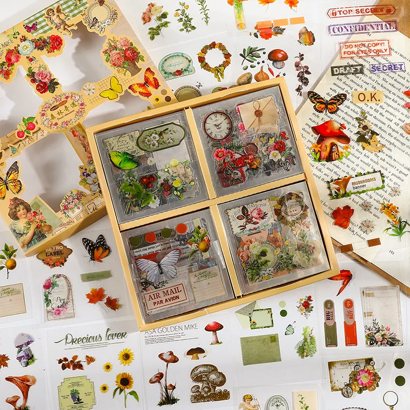 100 Sheets Creative Ins Flower Butterfly PET Stickers Handmade DIY Scrapbooking Material Aesthetics Stationery Stickers