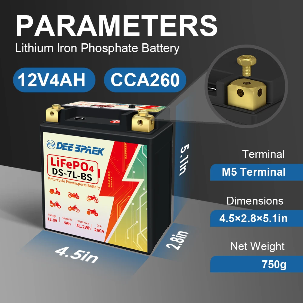 

12V 260CCA LiFePO4 Motorcycle Starter Battery 7L-BS 51.2Wh Rechargeable Lithium Motorcycle Battery Replacement For ATVs UTVs YTZ