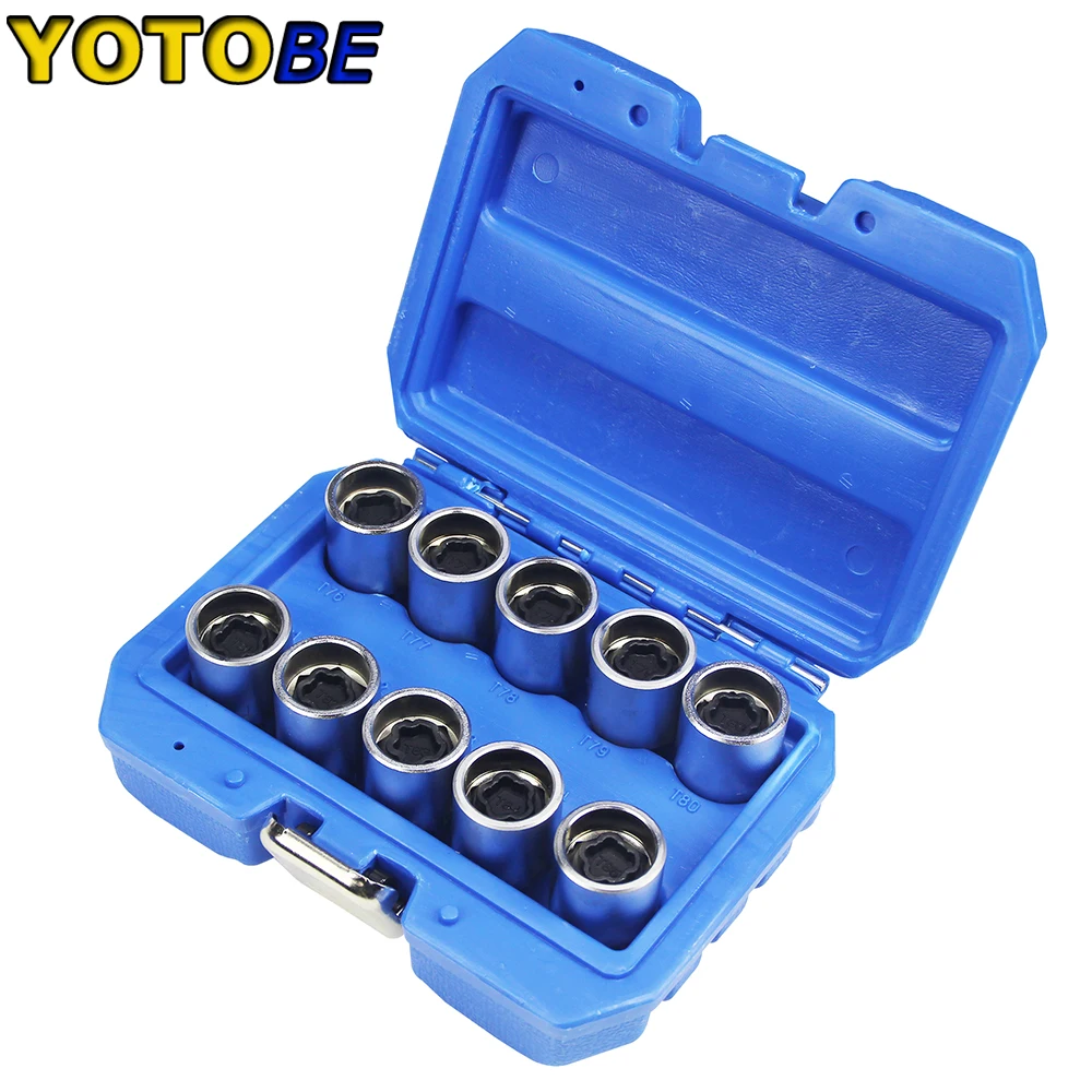 10Pcs Locking Wheel Nut Keys For Tesla Removal Installer Socket Key Set T76~T85 With a 17mm Alloy Wheel Nut Socket