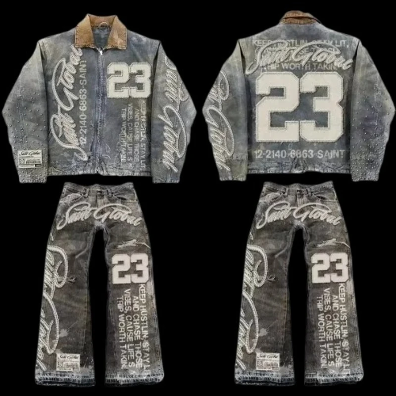 2025 new American retro hip-hop streetwear zipper jacket jeans two-piece set Y2K suit letter patchwork embroidered blue jacket
