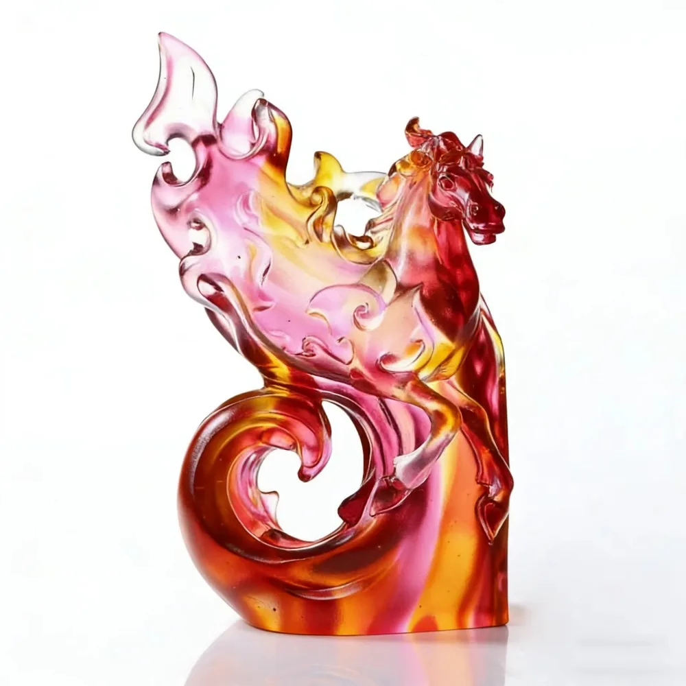 Handmade luxury crystal horse statue, amber gold red gradient living room decoration, successful and wealth desktop sculpture