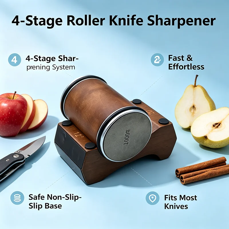 Rolling Knife Sharpener 4 Angle 12/15/18/20 Wooden Base Magnetic Suction Chef Manual Kitchen Knife Sharpening Diamond Stone Tool