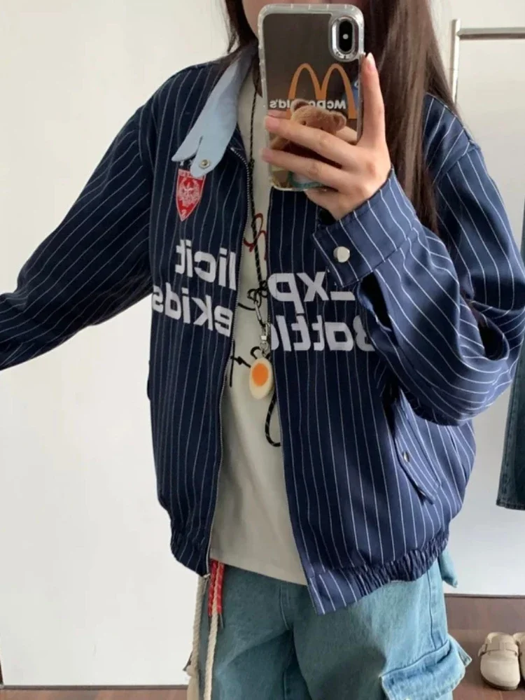 Y2k Aesthetic Contrast Color Stripe Coat Women Vintage Letter Printing Casual Loose Tops Harajuku Turn Down Collar Pocket Jacket