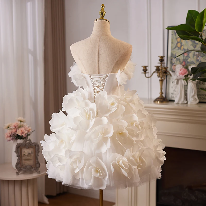 AnXin SH princess white rose flower lace strapless sleeveless ruffles short party customized evening dress little white dress