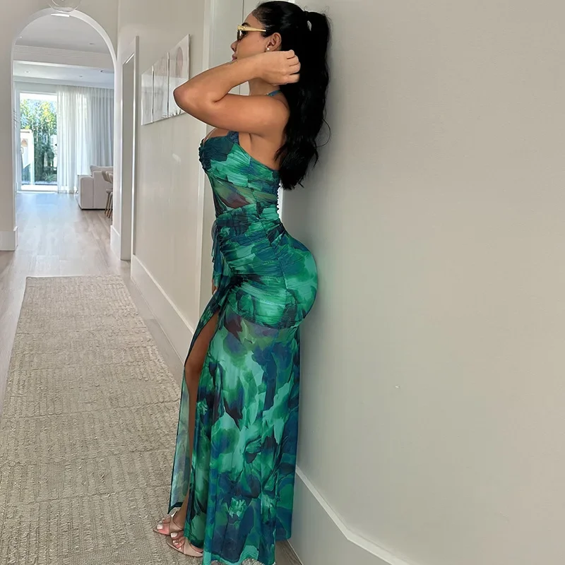 Leosoxs 2024 Summer Fashion Urban Sexy Women's Dress with Green Printed Open Back Birthday Party Clubwear Elegant Long Dress