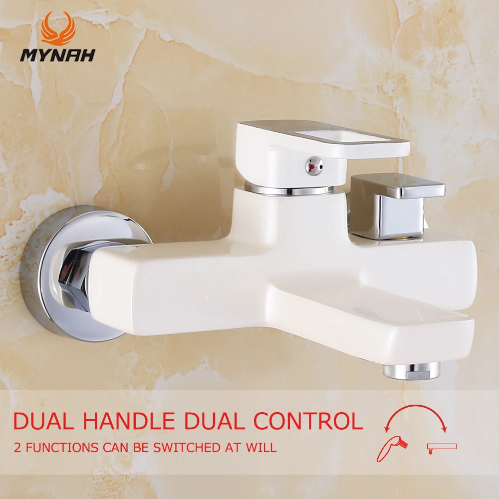 MYNAH White Bath Shower Faucet 2 Functions Wall Mounted Cold and Hot Water Mixer Tap Simple Design Bathtub Faucets Bathroom Taps