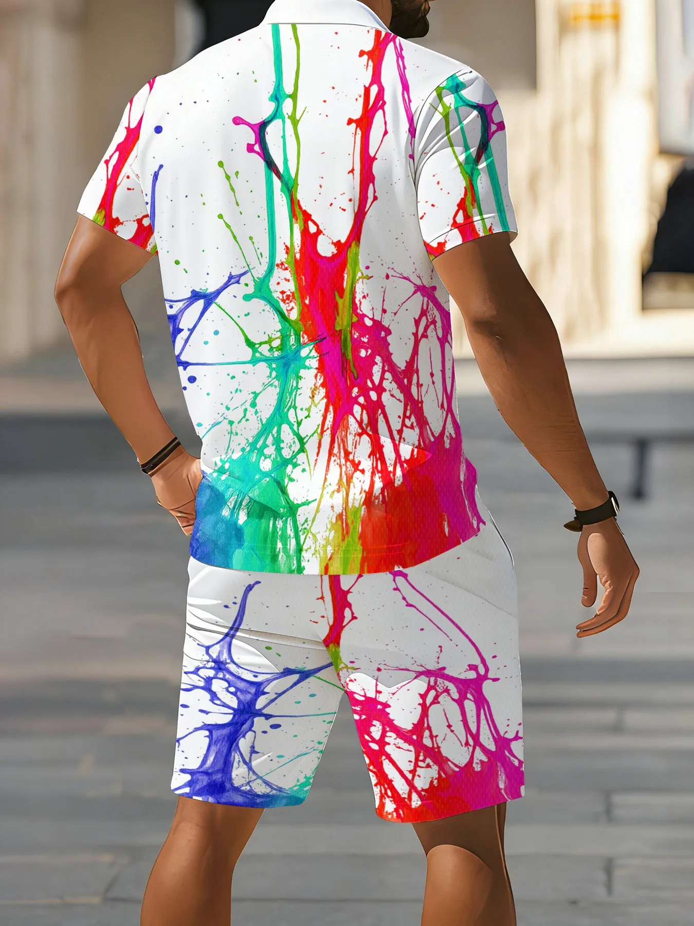 2026 Summer American Men's Short-Sleeved Polo Shirt Set - Casual Fashionable Comfortable with 3D Graffiti Pattern Print - view 4