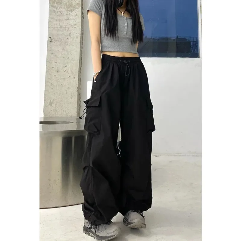 

Fashion Cargo Pants for Women High Waist Big Pocket Wide Leg Pants Woman Streetwear Drawstring Elastic Waist Loose Trousers New