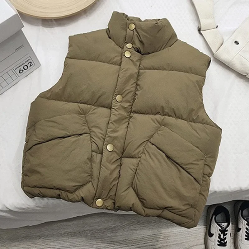 2024 New Winter Kids Cotton-padded Waistcoats Boys Solid Color High Collar Warm Vest Tops Girls Sleeveless Thicken Outerwear