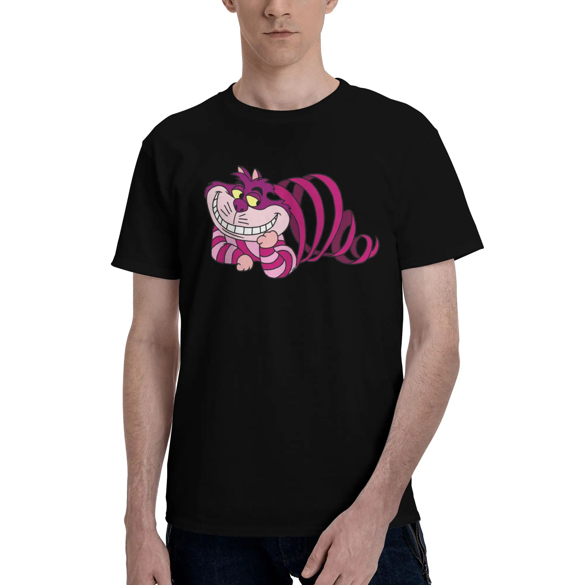 Cheshire Cat Tshirts Men Unique Tee Tops Cotton T Shirts Short Sleeve Alice In Wonderland Cartoon T-shirts Gift Clothing