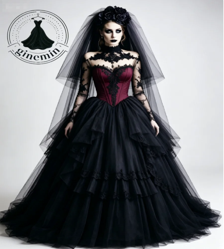 Vintage Gothic Black Wedding Dresses Dark Victorian Vampire Lace Long Sleeve Medieval Bridal Gown Tiered Layered Tulle Halloween