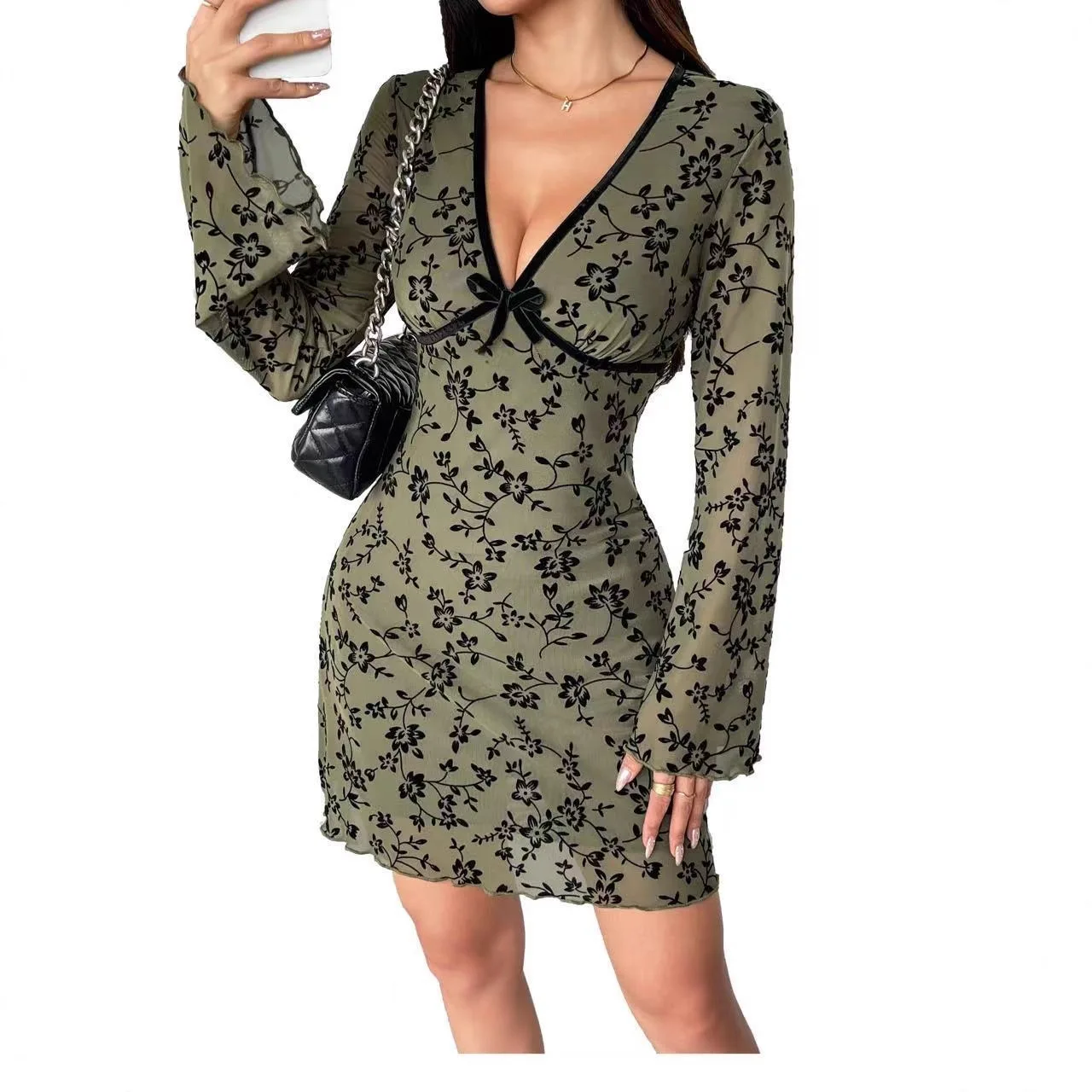 2026 Winter New Horn Sleeve Double-layer Mesh Flocking Big V-neck Dress Women's Cw79663