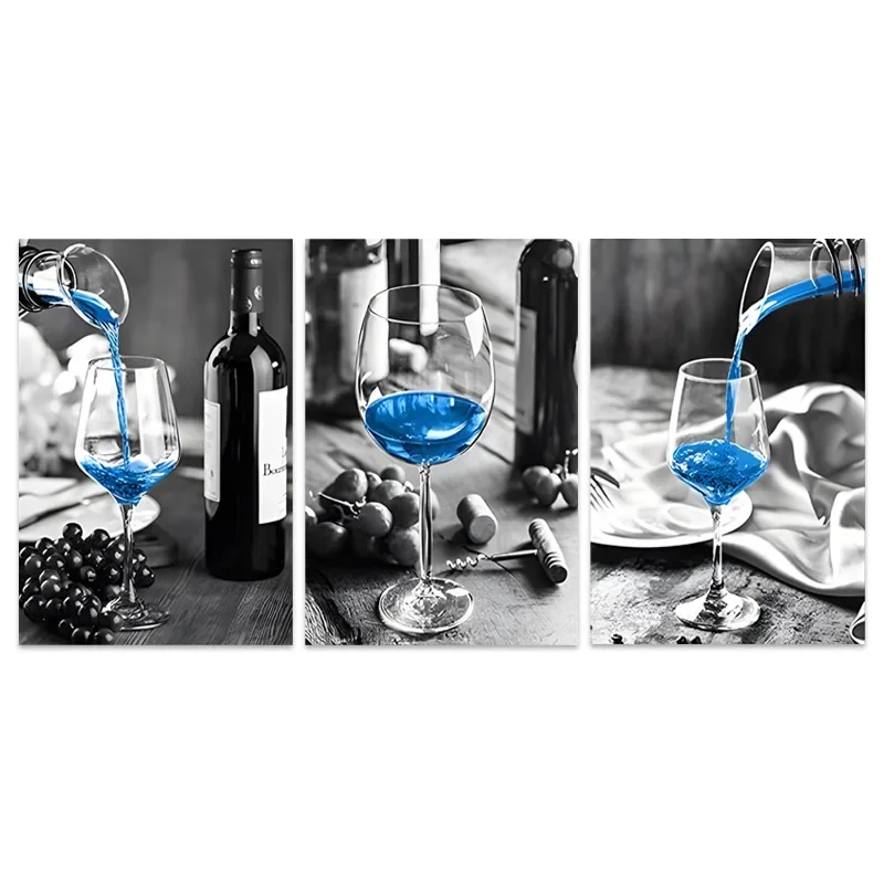 3PCS Framed Blue Wine Glass Canvas Wall Art, Black White Selective Color Grape Kitchen Prints