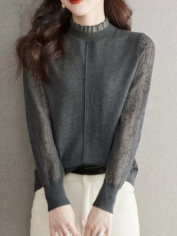 

Spring Autumn Thin Long Sve Base irt Women's Early Autumn Faionable mmet Collar Knitted Sweater Commute Sle Loose...