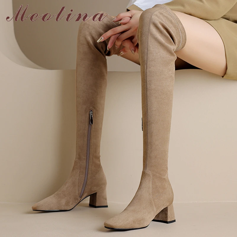 

Meotina Women Over-the-Knee Long Boots Square Toe Thick High Heels Zipper Gogo Boots Ladies Fashion Shoes Winter Black Camel 40