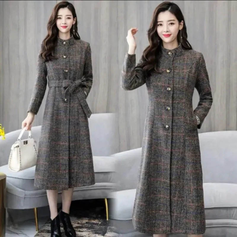 Nuovo Autunno Inverno Plaid Giacche a vento Cappotto da donna Cintura elegante Vita lunga Giacca monopetto Colletto alla moda Cappotto di lana