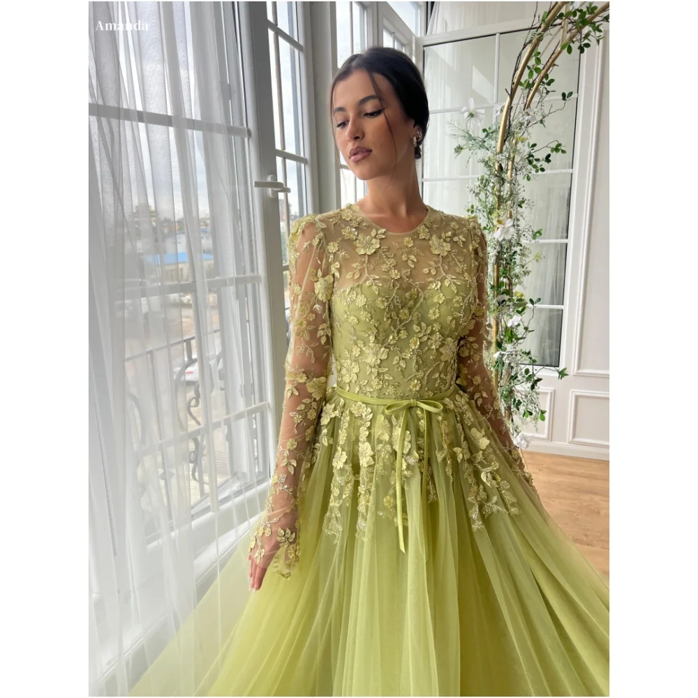 Amanda Customized Green Flowers Embroidery robes de soirée Mesh Fabric Long Sleeves Evening Dresses Floor-Length Wedding Dress