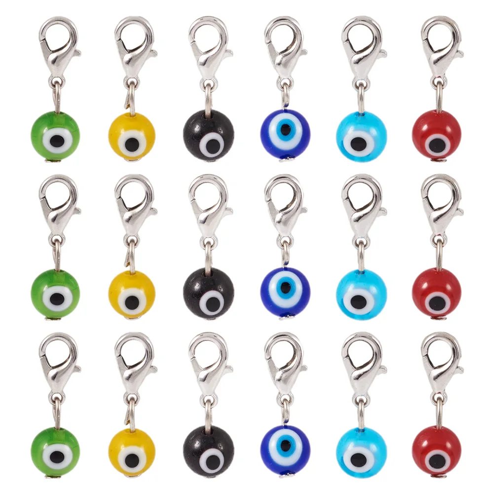 36Pcs Mixed Handmade Lampwork Evil Eye Pendant with Alloy Lobster Claw Clasps for Jewelry Keychain Decorations