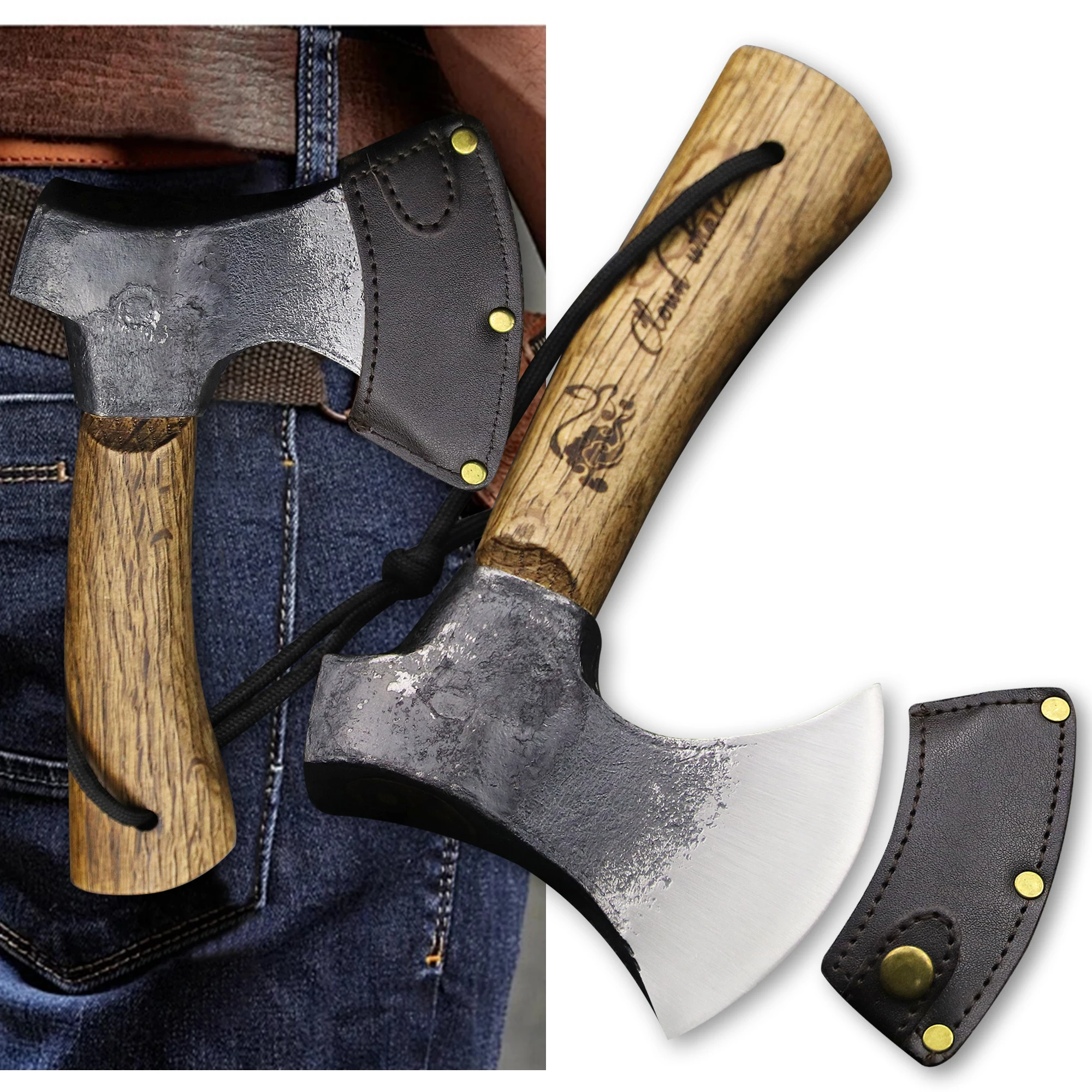 

Outdoor axe camping, chopping firewood, felling trees, chopping bones, wearing leather sleeves, outdoor camping, forging axes