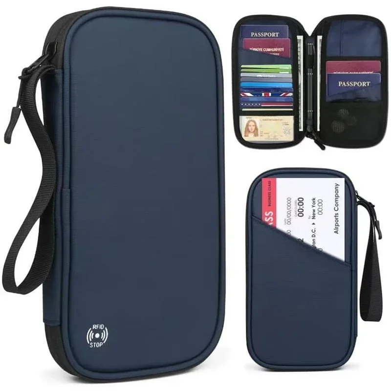 Lightweight Family Travel Passport Cover Wallet Zipped Oxford Document Organizer Bag with Detachable Wrist Strap for Women Men