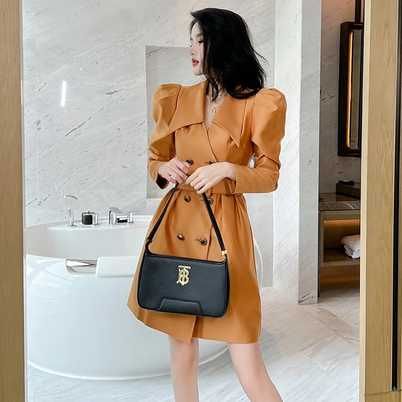 Autumn New Women's Clothing Temperament Lapel Waist Double Breasted A-shaped Pendula Suit Dresses Commuter Style Dress 2024 New