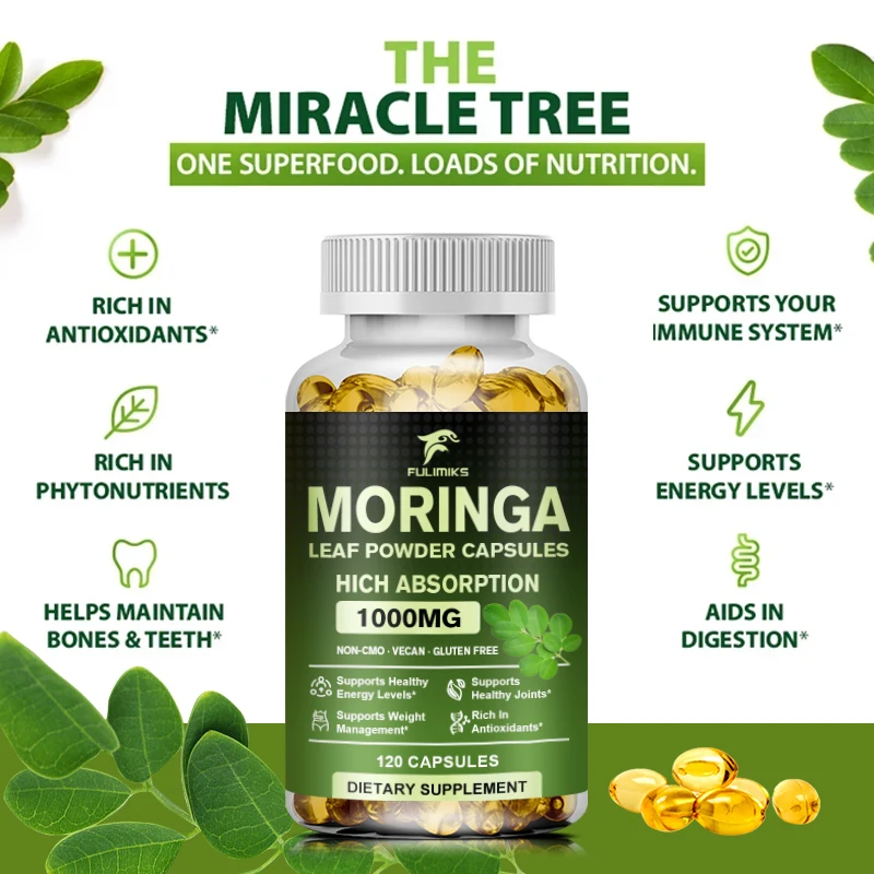 High Absorption Moringa Oleifera 1000mg Capsules, Supports Immune, Metabolism, Skin Care & Healthy Weight Management