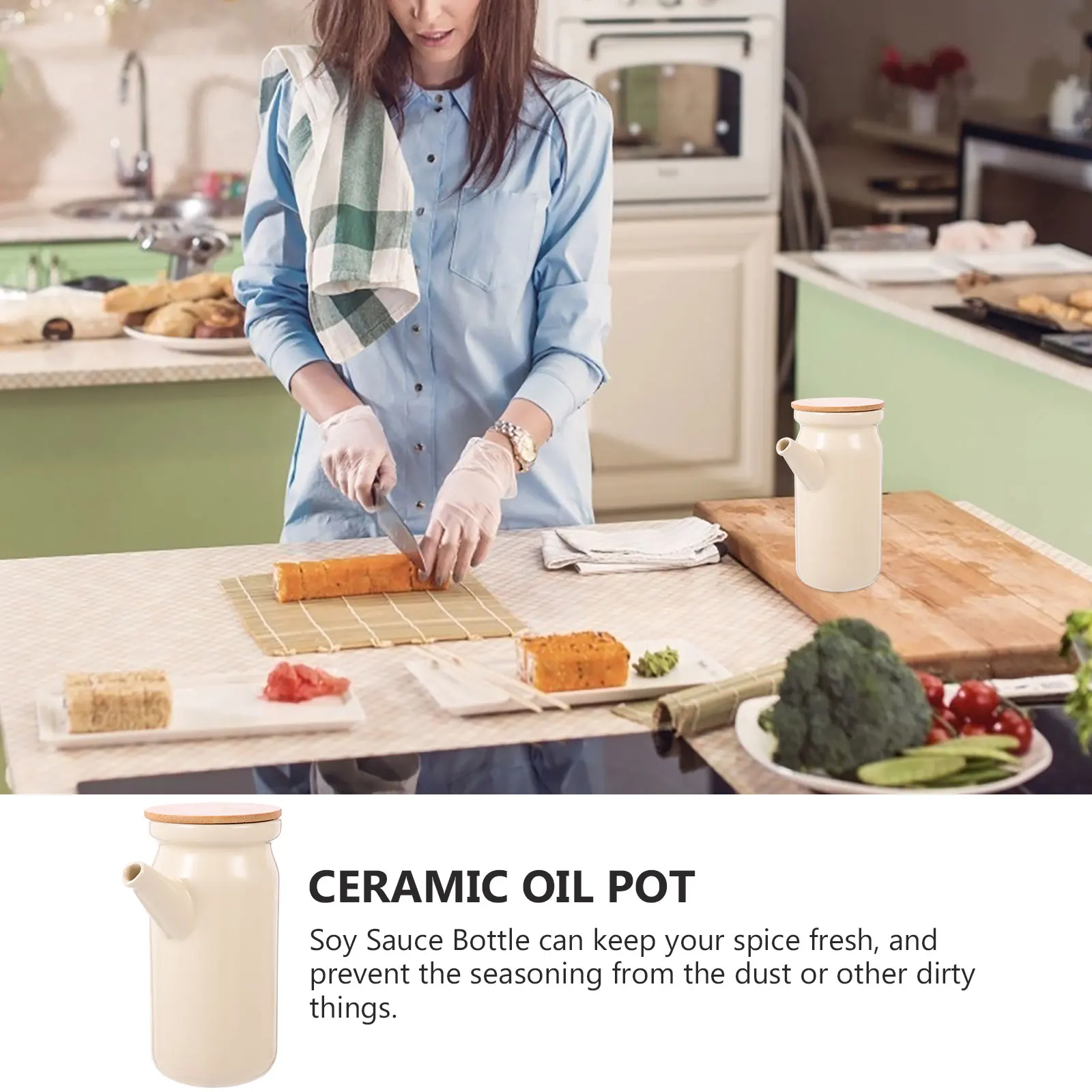 

Soy Sauce Dispenser Ceramic Oil Container Kitchen Spice Jar Vinegar Bottle Wood Lid Dustproof Freshness Keeper Sauce Holder