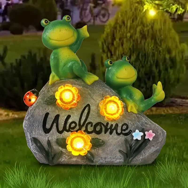 Welcome Inscribed Illuminated Hand-painted Cute Frog Resin Statue Religious Style Business Gift Christmas Outdoor Indoor Garden