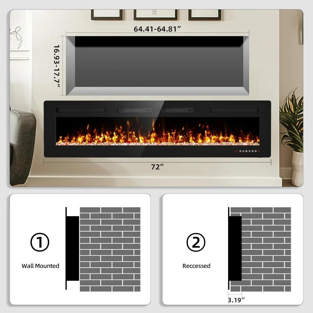 72” Recessed and Wall Mounted Fire Places Electric Fireplace with Remote Control, Toucn Screen