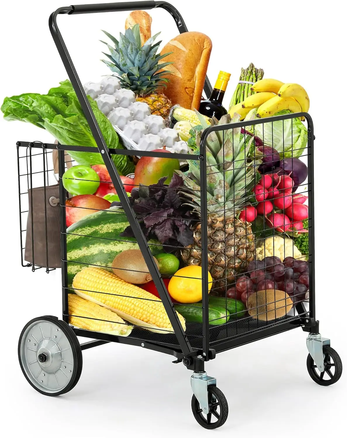 

Foldable Shopping Cart with Wheels, Rolling Grocery Cart with Rear Basket, Portable Utility Cart for Shopping Laundry Storage