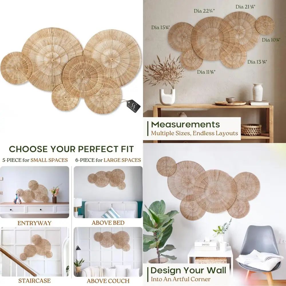 

Набор из 6 плетеных настенных декоративных корзин CHI AN HOME из джута, 23 дюйма, очень большие плетеные джутовые настенные тарелки, 23, 21, 15, 13, 12, 10 дюймов, декоративные