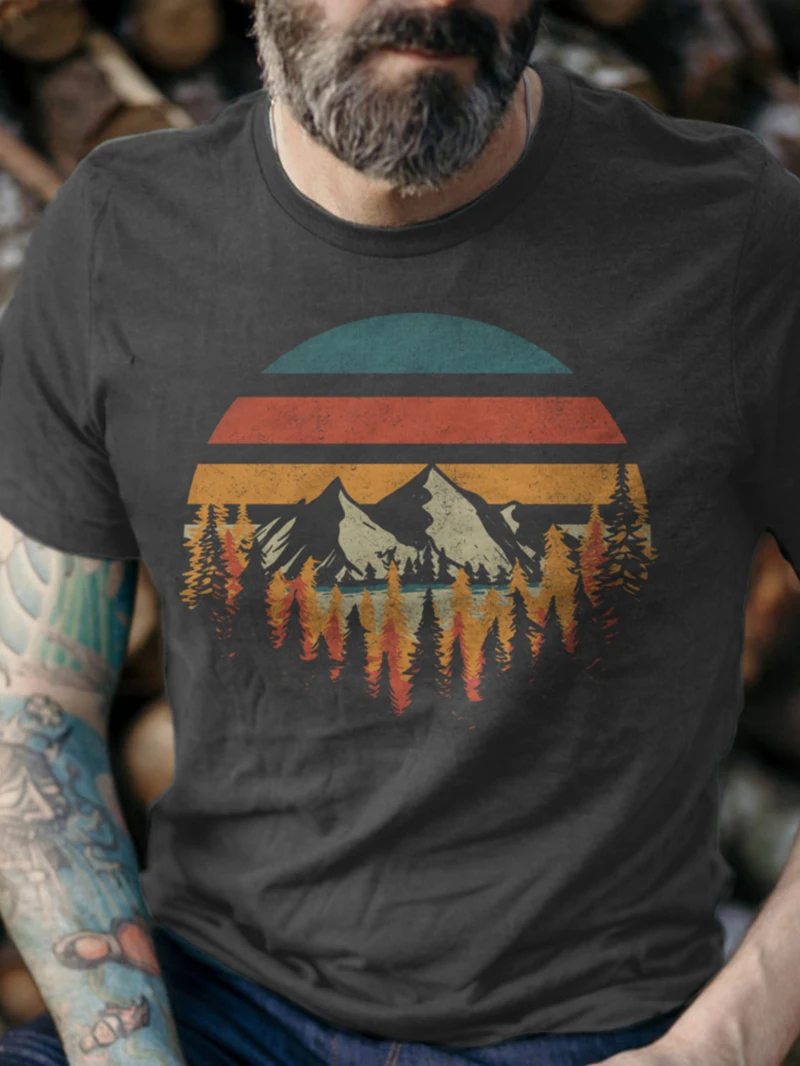 Men's Mountain Forest Deeply Wild Printed Crewneck Short-sleeve T-shirt graphic t shirts men vintage t shirts