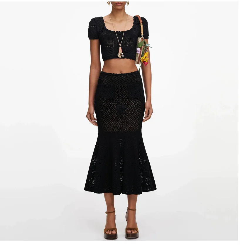 Summer Bubble Sleeve Knitted T-shirt Top Fish Tail Half length Skirt Set