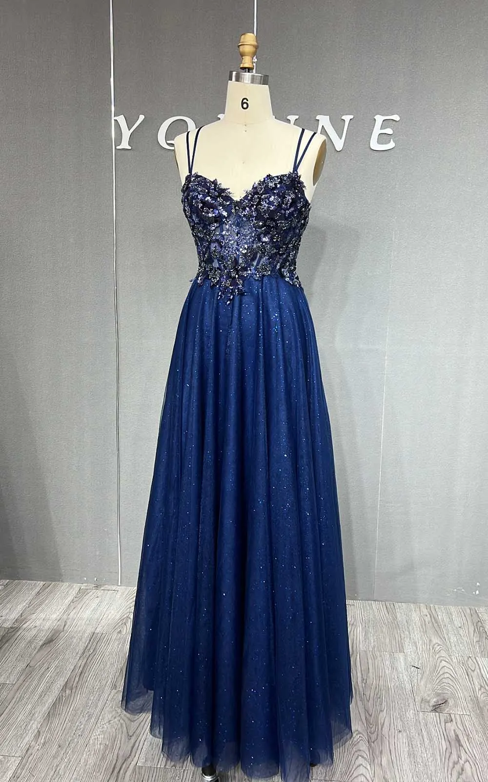 YQLNNE Sweet Blue Spaghetti Beading Long Prom Dresses Embroidered Tulle Lace-up Back Formal Women Party Gown