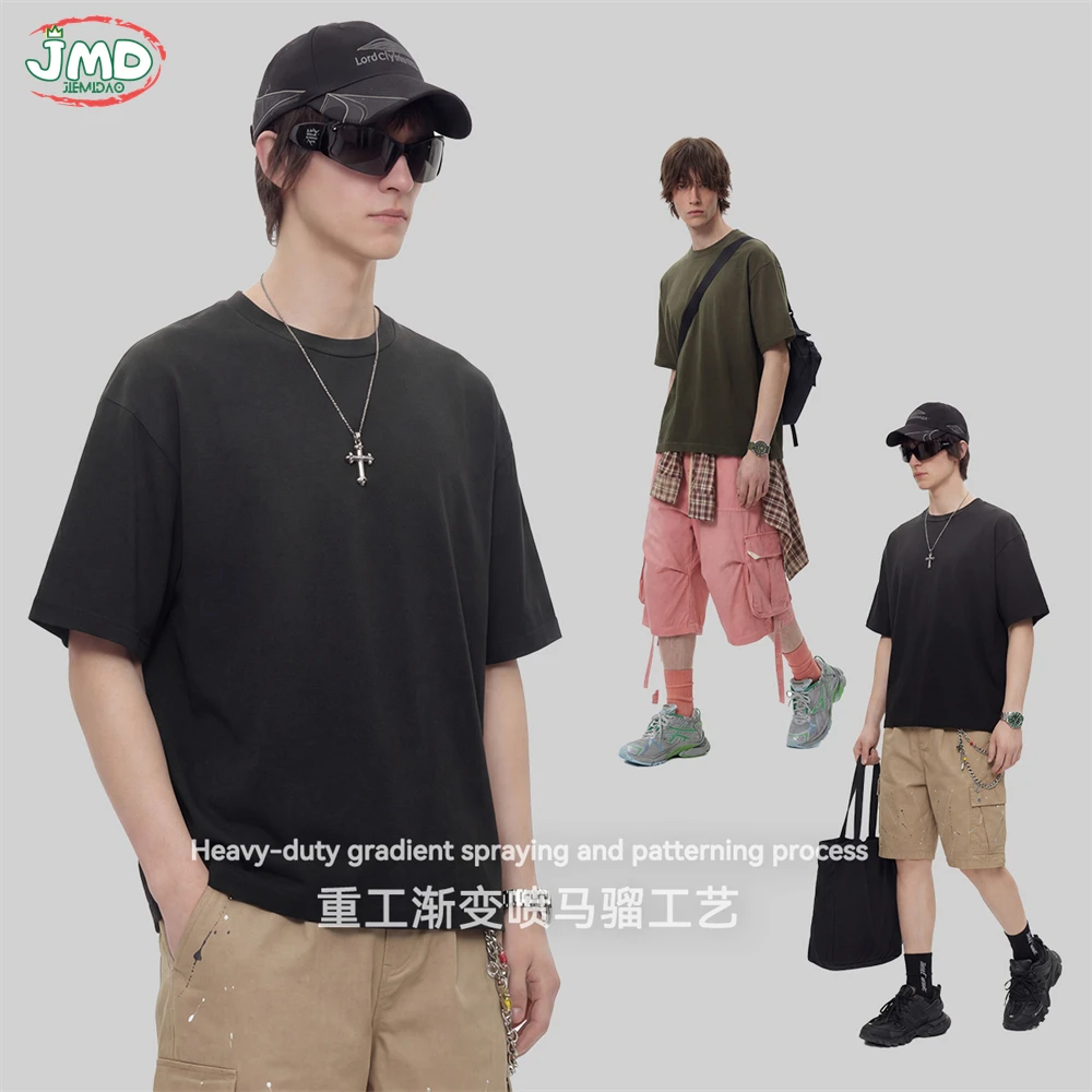 JMD Retro Summer Boxyfit Monkey Washed T Shirt For Man Unisex Heavy Weight 350gsm Distressed T-Shirts Brand Tees QH0123