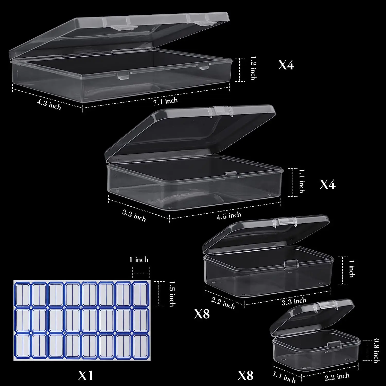 24 Pieces Mixed Sizes Rectangular Empty Mini Clear Plastic Organizer Storage Box Containers with Hinged Lids for Small Items pla