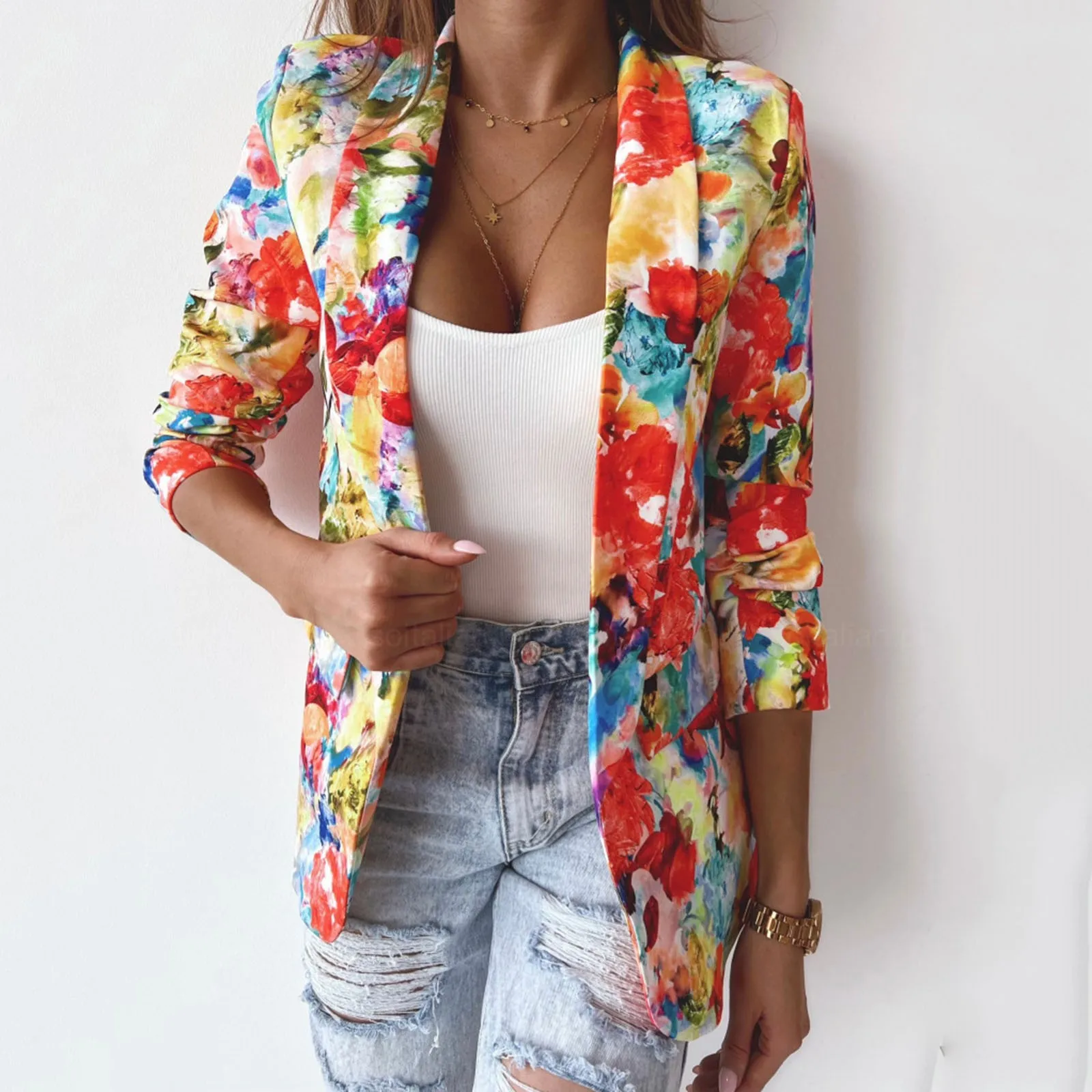 2024 New Women\'S Printed Tie-Dye Beautiful Suit Jacket Temperament Multi-Color Lapel Long-Sleeved Coat Fashion Trend Coat