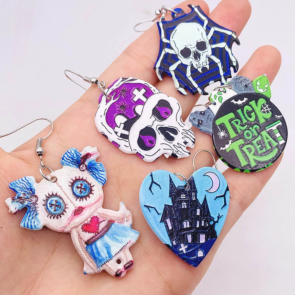 Europe America Multi Colored Printed Acrylic Various Forms of Skeletons, Pumpkin Ghost Earrings UNISEX Halloween Party Earrings
