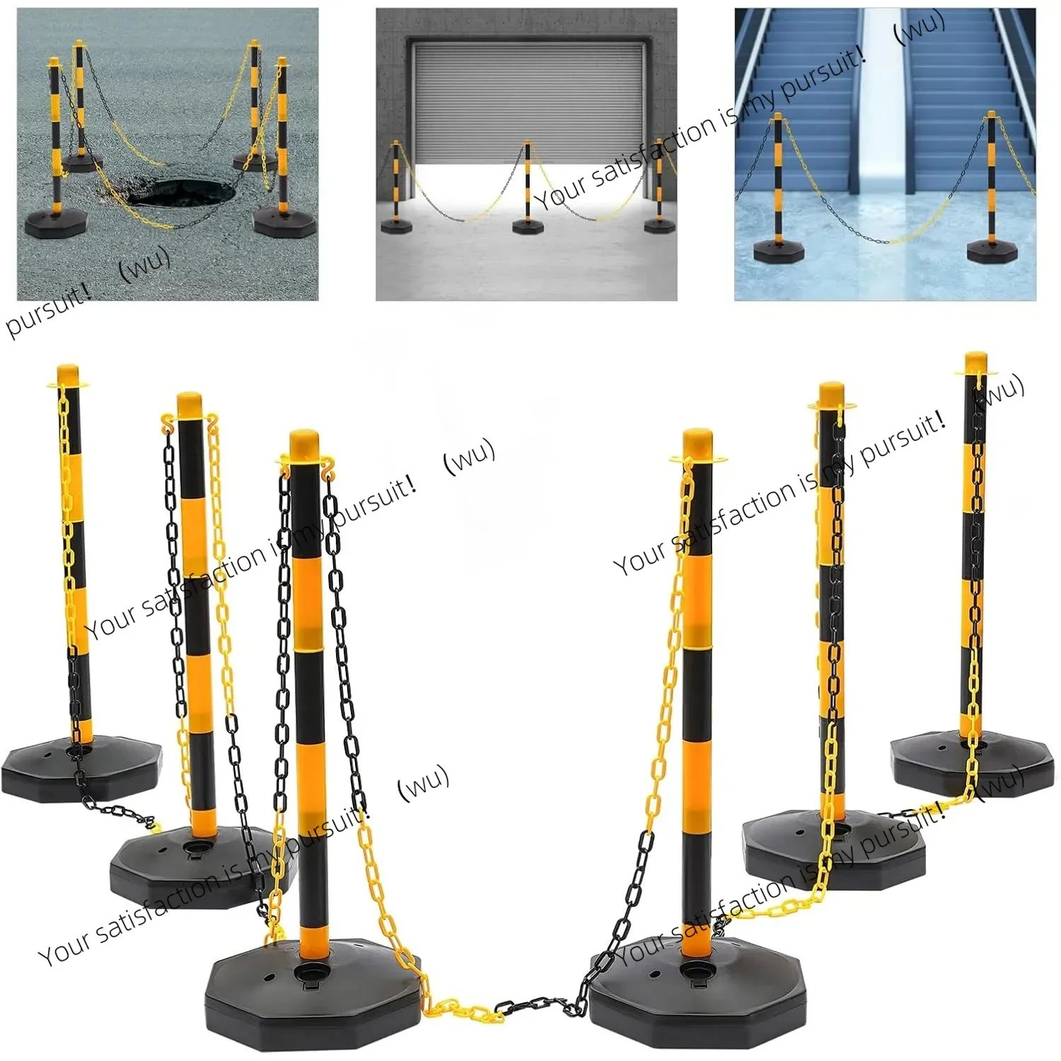 

6 Interception Poles, Plastic Bounding Posts with Base and 2m Chains, Yellow and Black Chain Stakes for Hotels, Parking, Lawns
