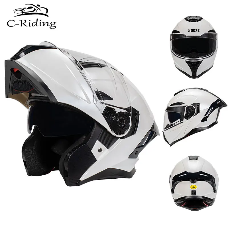 Pearl White Motorcycle Full Face Dual Visor Helmets Men Women Racing Flip Up Helmet Modular Double Lens Motocross Helmets