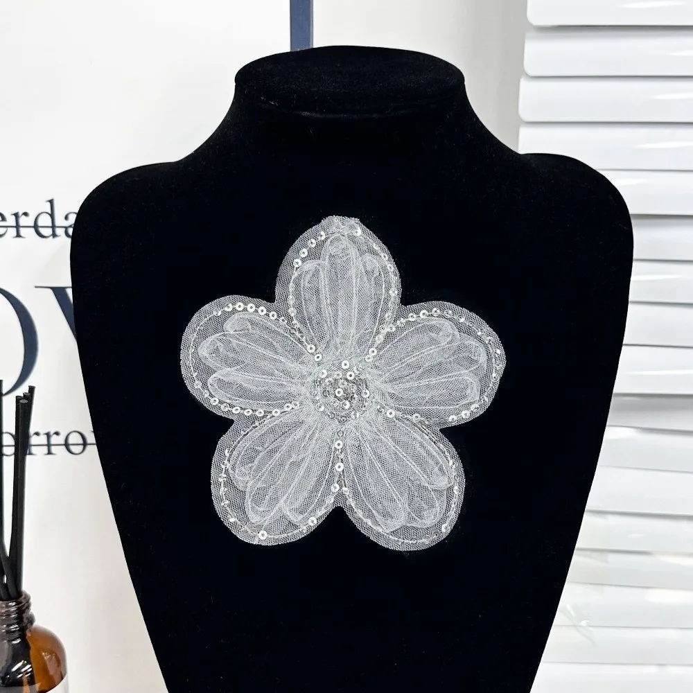Fashion Mesh Lace Sequined 3D Organza Flowers Flower Bead Corsage Organza Floral Patch 3D Organza Applique Wedding Dress