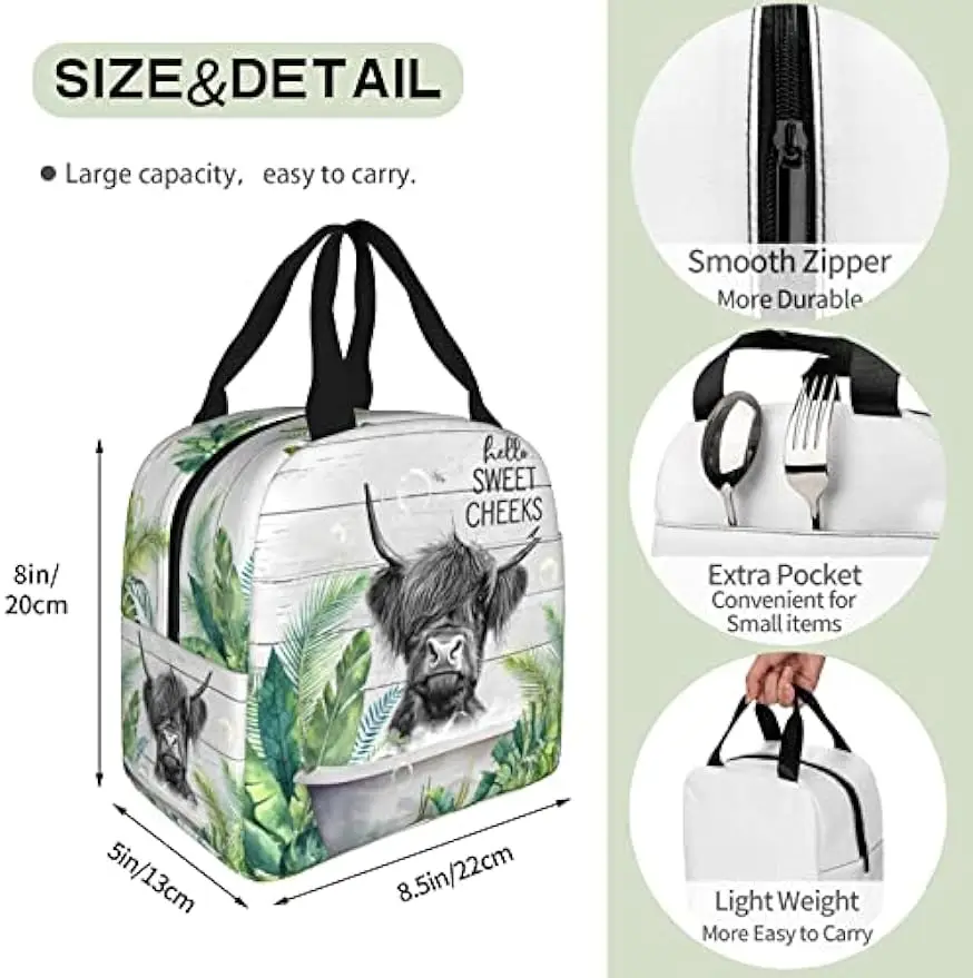 Funny Highland Cow Print Lunch Bag for Women and Men Insulated Portable Lunch Bag Women Men Reusable Tote Shoulder Bags