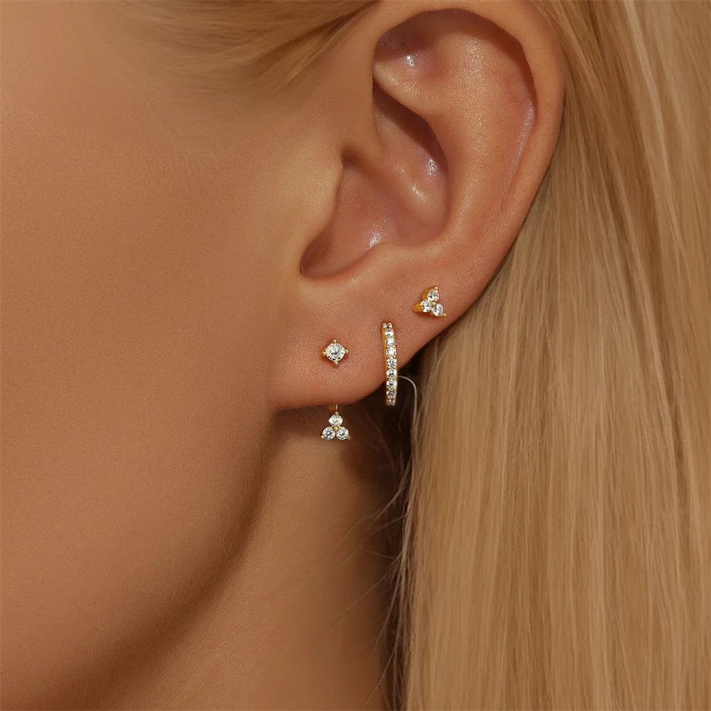 3PCS Simple Stainless Steel Zircon Flower Round Hoop Earrings Set for Women Gold Color lHypoallergenic Piercing Jewelry Gifts