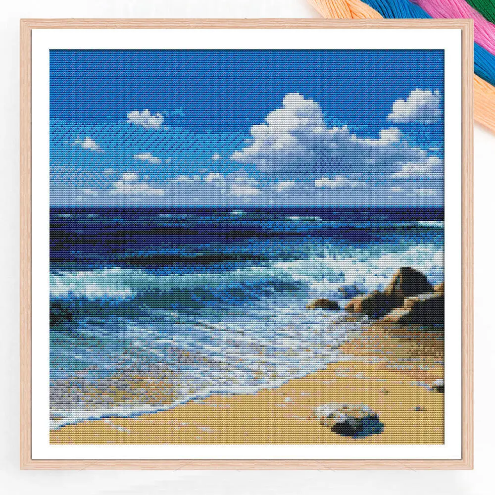 Beautiful Beach Cross Stitch DIY Kit 11CT Printed Canvas Network Embroidery Full Set Hanging Painting For Gift Wall Decoration