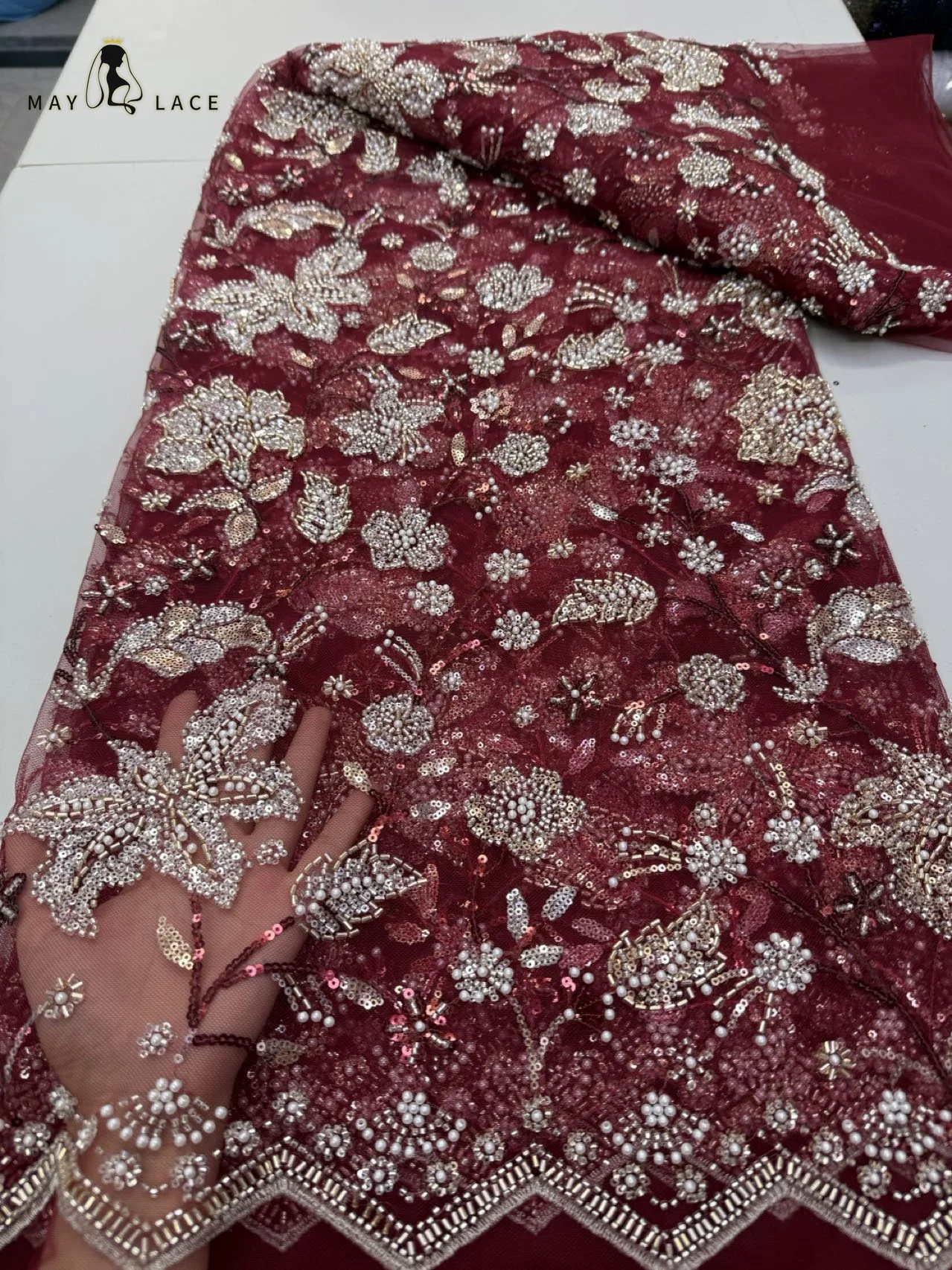 

African Heavy Beaded Lace Fabric 2026 High-Quality Lace Nigerian Sequined Lace Fabric Women Wedding Party Dress Fabric 5 Yards
