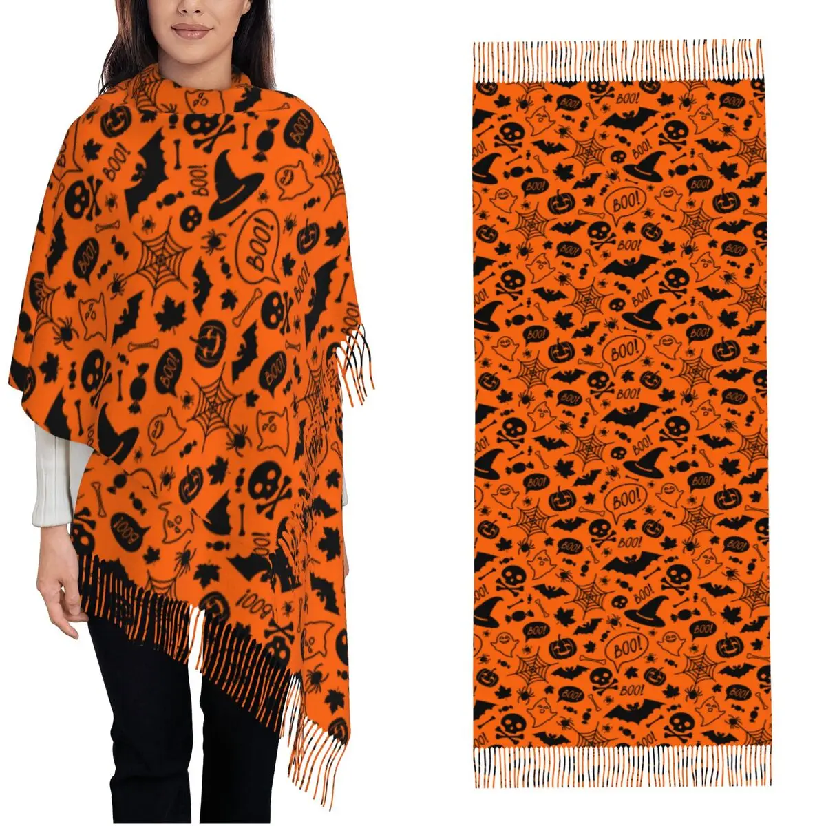 Halloween With Pumpkins Skulls Bats Scarf for Womens Winter Warm Cashmere Shawl Wrap Large Scarves with Tassel for Daily Wear