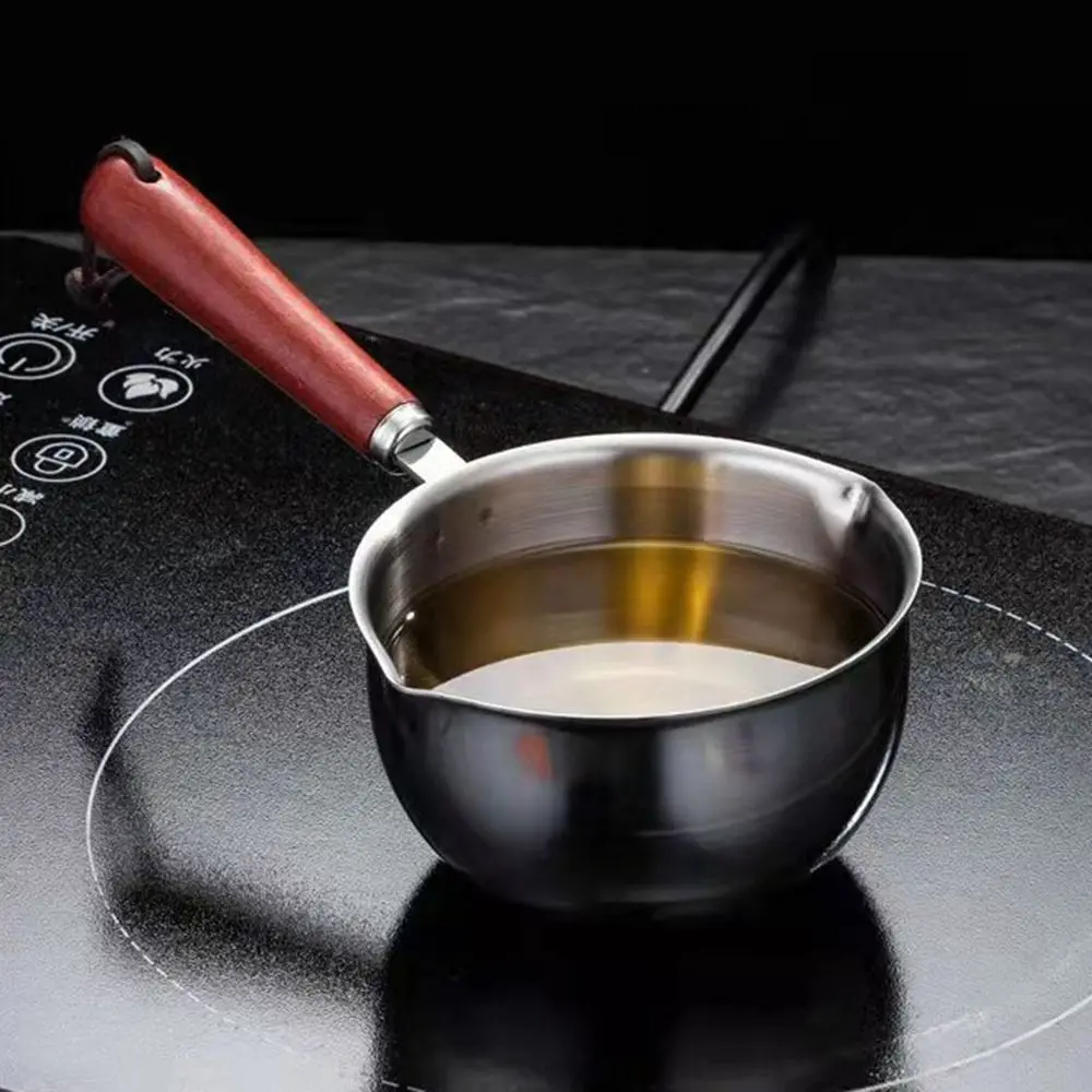 Stainless Steel Oil Sprinkling Small Pot with Wooden Handle Hot Oil Household Kitchen Multifunction Milk Pot