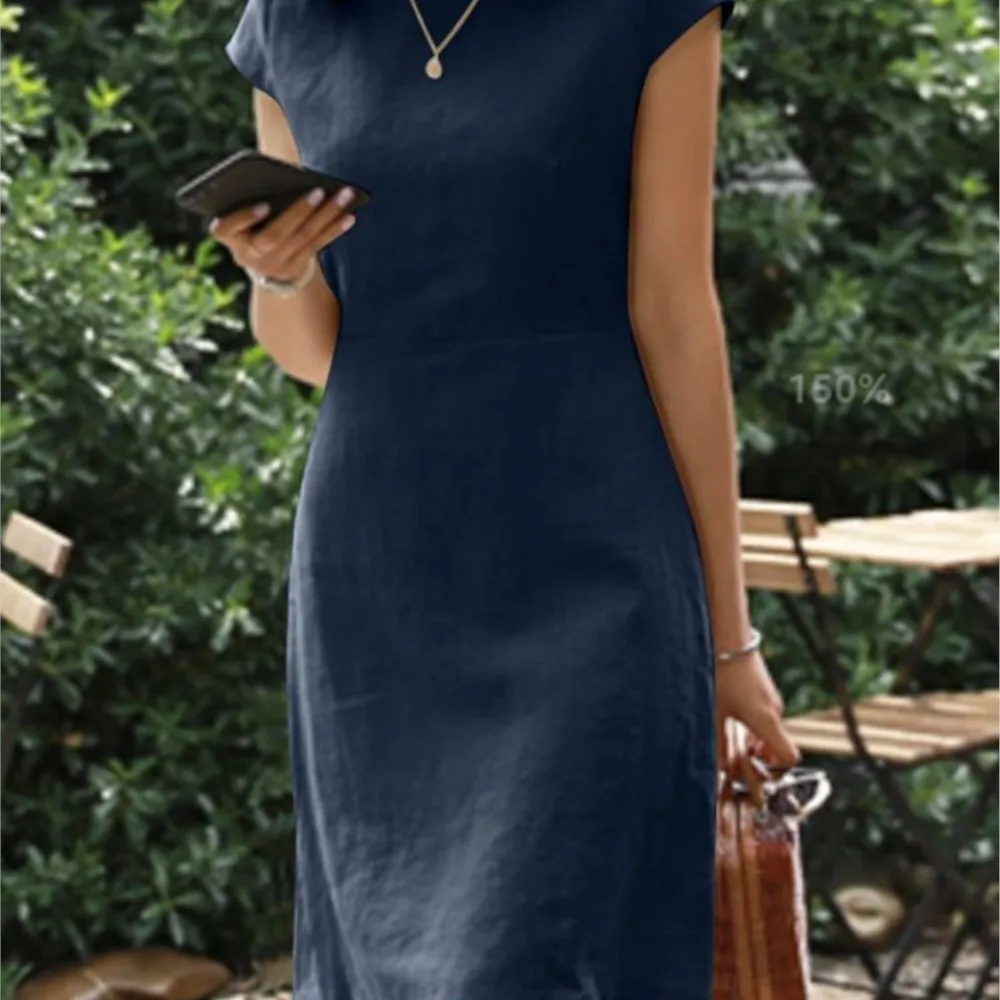 

VOLALO Summer Midi Dresses Women Elegant Short Sleeve Half O-Neck Zipper Dresses 2024 Female Work Vintage Back V Neck Sundress