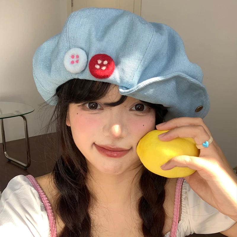 Personalized Felt Button Design Oversized Denim Berets for Women Summer Ins Korean Versatile Show Face Small Cloud Painter Hat